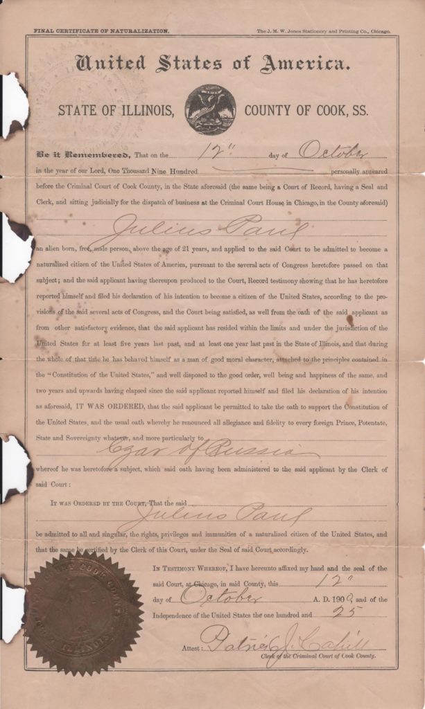 Julius Paul certificate of naturalization